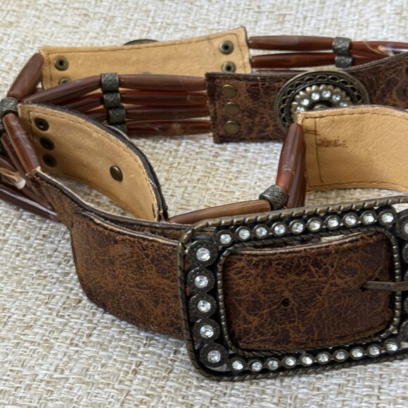 Women's Brown Belt Vintage Handmade Western Style Leather Metal Crystal Buckle M - Picture 9 of 14